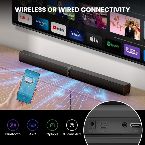 MZEIBO Sound Bar for Smart TV，80W Detachable Bluetooth Soundbar with Powerful Bass, 2-in-1 Home Theater Audio System, ARC/Optical/AUX Connectivity for TV/PC/Laptop/Game Console - Image 7