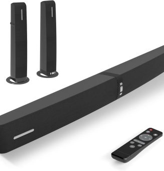 Sound Bar for Smart TV,90W Soundbar with Bluetooth/ARC/Optical/AUX Connect, Auto Volume Boost, 3 Customizable Equalizer Modes, 2 in 1 Detachable Soundbar for TV/PC/Gaming/Projectors