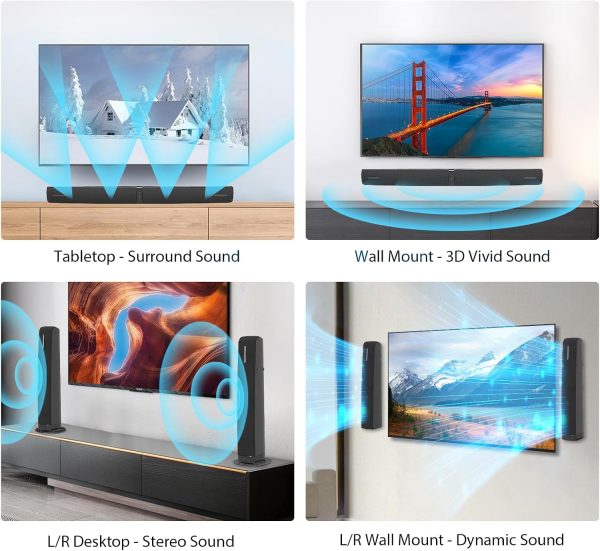 Sound Bar for Smart TV,90W Soundbar with Bluetooth/ARC/Optical/AUX Connect, Auto Volume Boost, 3 Customizable Equalizer Modes, 2 in 1 Detachable Soundbar for TV/PC/Gaming/Projectors - Image 2